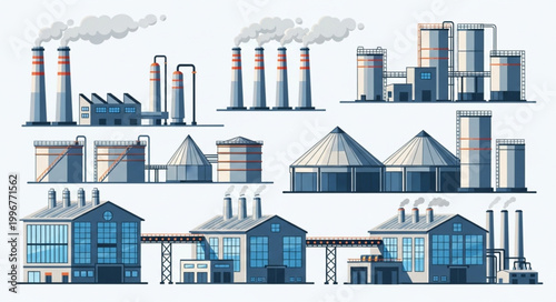 Collection of Industrial Factory Buildings with Smokestacks and Silos.