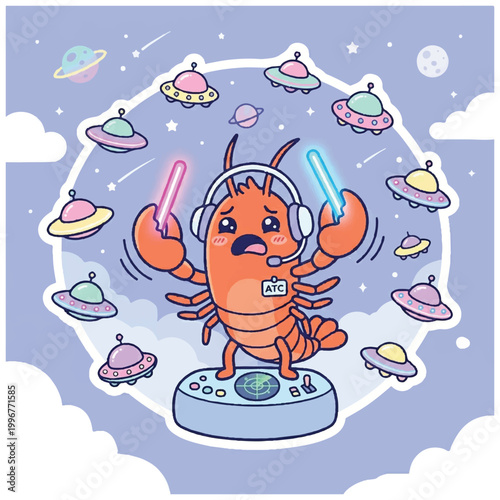 Bild auf Leinwand Cute Cartoon Lobster Gamer with Lightsabers and Headphones.