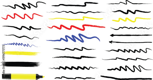 Ink Brush Paint Stroke, Line Set. Black Hand Drawn Brushes. Abstract Hand Made Highlighters, Underlines. Grunge Pen Marker