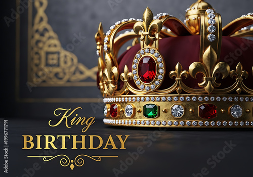 Luxurious gold crown with precious gems on velvet celebrating a royal king's birthday