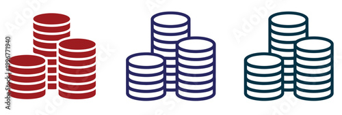 Foto Three stacks of coins in black and white outline and solid fill variations, money finance vector illustration set for banking, investment, savings, and financial growth concepts design