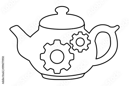 Teapot with mechanical gears outline. Tea that will increase inspiration and productivity. Concept of creative culinary technology and innovative brewing process. Vector illustration for design