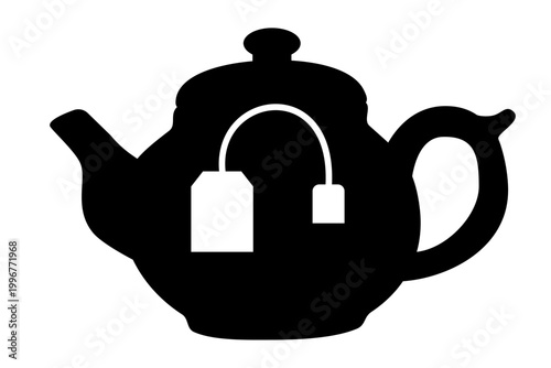 Teapot silhouette with tea bag inside. Minimalist icon representing hot beverage preparation. Black graphic isolated on white background for menu design, drink shop, or cafe identity