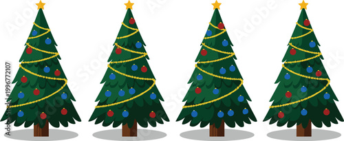 Set of Four Christmas Trees with Red and Blue Baubles, Gold Tinsel, and Star Toppers for Holiday Winter Designs