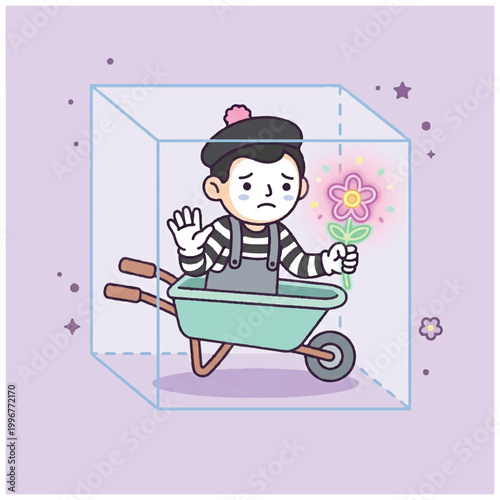 Sad Gardener Trapped in a Box with a Flower.