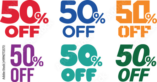 Colorful 50 percent off sale discounts in multiple colors  sale signs