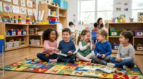 A group of young children are sitting on a colorful rug, reading a book together. Several other children are playing in the background.