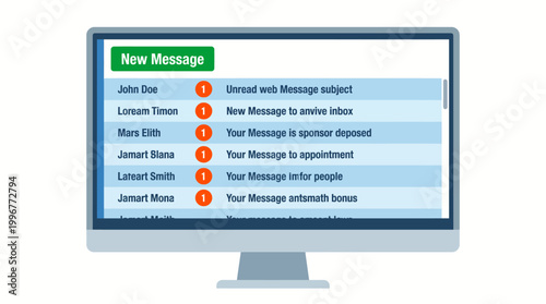 A clean digital illustration of a desktop computer monitor displaying an email inbox with unread messages and a clear 'New Message' button.