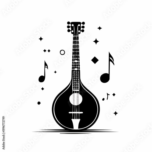 Black and White Illustration of a Mandolin with Musical Notes