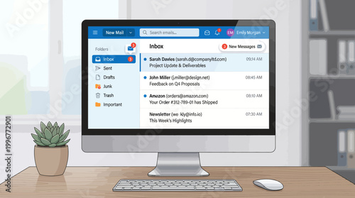 Modern desktop computer screen displaying an organized email inbox interface with multiple new incoming messages for a professional user profile