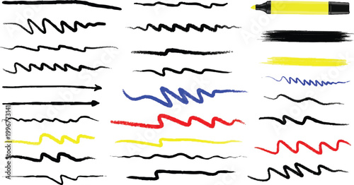 Ink Brush Paint Stroke, Line Set. Black Hand Drawn Brushes. Abstract Hand Made Highlighters, Underlines. Grunge Pen Marker