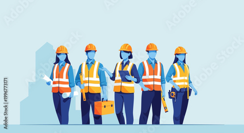 Construction workers in safety gear standing together.