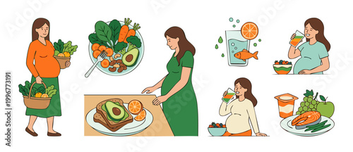 Pregnant Woman Healthy Nutrition Diet Set, Balanced Food Choices, Fresh Vegetables, Fruit and Fish for Prenatal Care, Pregnancy Wellness and Healthy Lifestyle Flat Vector Illustration Icons and Charac
