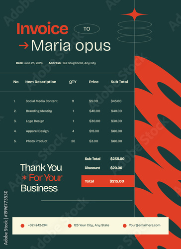 Invoice Template: Clean and modern invoice template with a bold design. Easily customizable, perfect for any business needs, streamlining billing process with style.