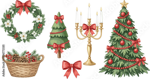 Christmas Decoration Set with Wreaths, Trees, Candelabras, and Ribbons for Holiday-Themed Winter Designs