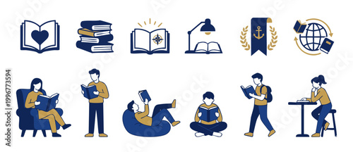 Reading people and books icon set, flat vector illustration collection of students studying, literary characters, education symbols, library icons for design, web, app, school, university, publishing.