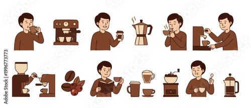 Coffee Time People Icons Set - Man Drinking Coffee, Espresso Machine, Brewing Equipment, and Beans. Vector Illustration Collection for Café Menu, Barista Activities, Morning Routine and Caffeine Conce