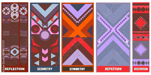 five geometric patterns with reflection symmetry repetition distortion