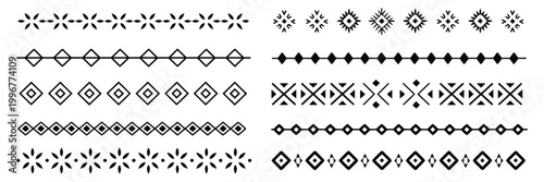 Tribal dividers, borders and delimiters, vignettes and separators with vector geometric patterns, Mayan and Aztec ethnic ornaments with triangles and rhombus, African and Mexican tribe motif 