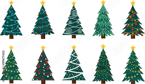 Decorative Christmas Tree Set with Colorful Lights, Ornaments, and Star Toppers for Winter Holiday Decorations and Festive Designs