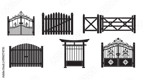 Wrought iron gate and fence silhouettes, collection of 6 decorative garden entrance icons, ornamental metal and wooden gate vector set