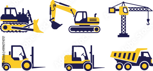 Set of flat construction machinery icons featuring bulldozer, excavator, crane, forklift, and dump truck in yellow and dark blue colors.
