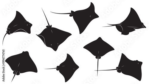 Stingray silhouette vector set, black manta ray icons in various swimming poses, ocean wildlife collection of 8 sea creatures on white background