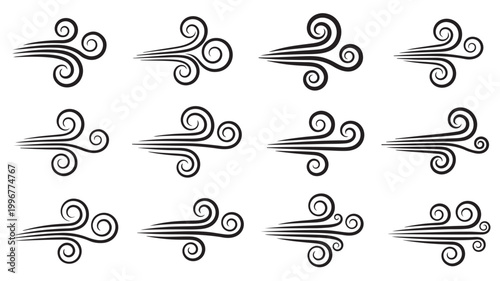 Minimalist wind icons set, black swirl breeze symbols, 12 weather blowing air vector elements, decorative spiral gust line art for motion design