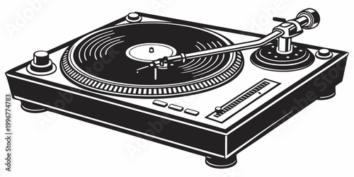 Bild auf Leinwand Black and white graphic illustration of a dj turntable vinyl record player for m