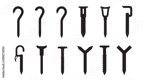 Industrial metal nails and screw silhouettes set, 12 construction hardware icons, black steel fastener vector elements for carpentry and building