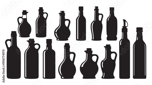 Minimalist olive oil bottle silhouettes, set of 13 black glass jug icons, culinary vinegar and condiment bottle vector collection for kitchen branding