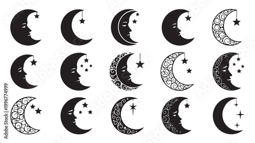 Celestial crescent moon face icons, set of 15 mystical moon and star vector illustrations, black and white lunar silhouettes for astrology and magic