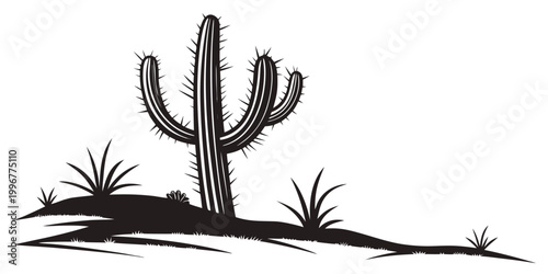 Bild auf Leinwand Desert landscape with saguaro cactus silhouette graphic silhouette landscape ill