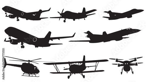 Aviation silhouette collection with 8 aircraft vectors, commercial airplane and private jet icons, helicopter and drone flight symbols for travel design