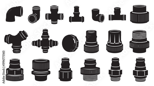 Industrial plumbing pipe fittings set, 20 black vector icons of PVC water connectors, hardware irrigation system components for construction