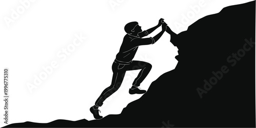 Obraz na plátně Silhouette illustration of a man climbing a steep rock face representing determi