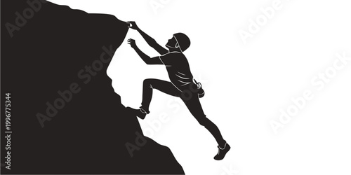 Bild auf Leinwand Black and white silhouette of a rock climber ascending a steep mountain ledge wi