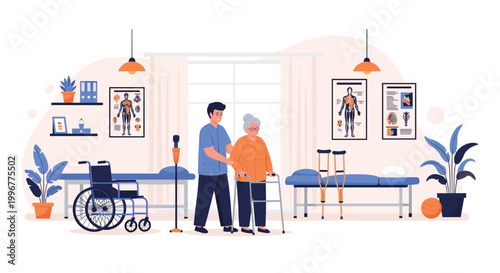 Male physical therapist helping an elderly woman with a walker in a rehabilitation center featuring medical equipment and posters.