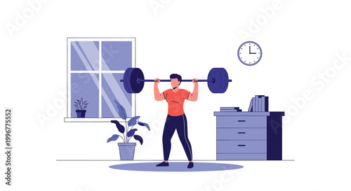 Strong man performing a barbell press exercise while working out at home in a living room with a plant and shelf in the background.