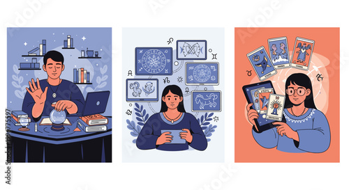 Divination and astrology concept showing a psychic with a crystal ball and tarot cards on a digital tablet for horoscopes.