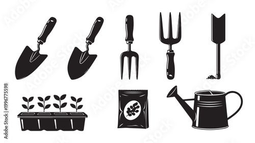 Vintage gardening tool icons, black silhouette garden equipment set, hand trowel and watering can vector illustrations for landscaping and farming