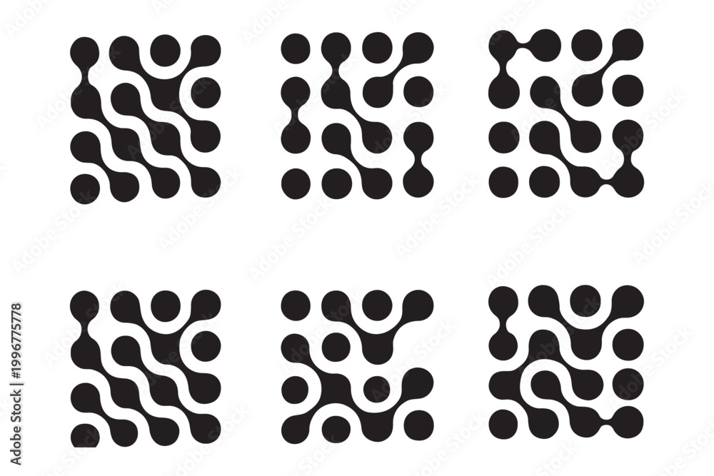 Fototapeta premium Metaball icon set. Connected dots signs. Integration abstract symbol. Circles fluid graphic pattern. Point movement. Connected blobs. Metaballs transition. Organic shapes. Set of flat logos. 