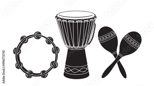 Traditional percussion instruments vector set, black and white djembe drum with tambourine and maracas, ethnic musical equipment icons