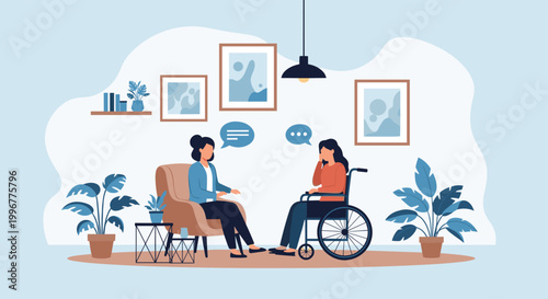 Compassionate female therapist talking to a patient in a wheelchair during a counseling session in a comfortable office room.