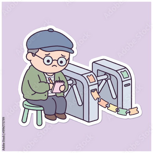 Sad man sitting at turnstile writing notes.