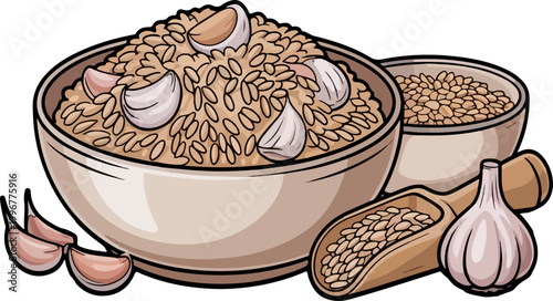 Fresh Healthy Garlic Brown Rice in Bowl with Cloves