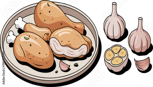 Roasted Garlic Chicken Drumsticks on Plate with Cloves