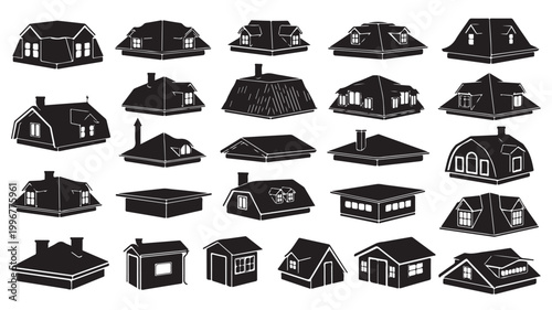 House roof silhouette icons set, 25 residential rooftop vector elements, black architectural building tops for real estate and construction design