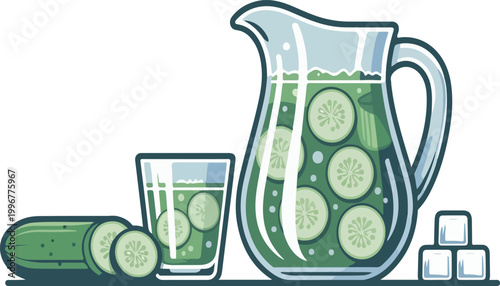 Healthy Cucumber Water in Pitcher and Glass with Ice
