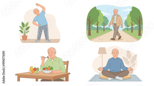 Grandpa Healthy Lifestyle Color Vector Set – 4 Active Senior Wellness Illustrations in Clean Grid